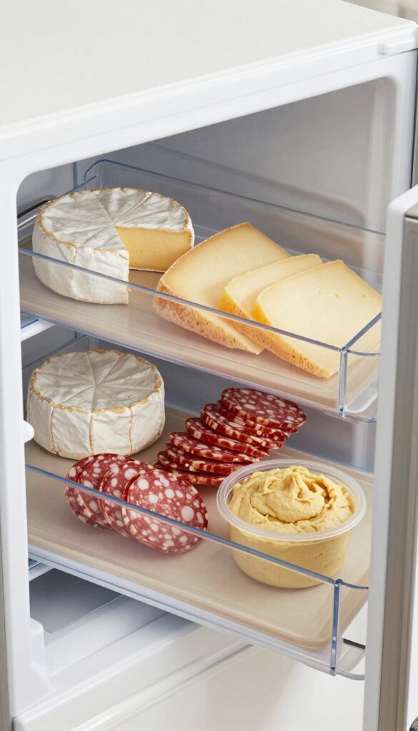 Open Samsung deli drawer with clear dividers organizing cheese and deli meats