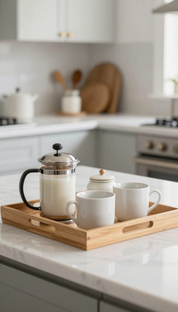 A large wooden tray on a marble countertop holding coffee essentials, creating an organized and curated vignette.