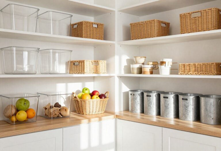 Bright pantry with organized baskets and bins on shelves