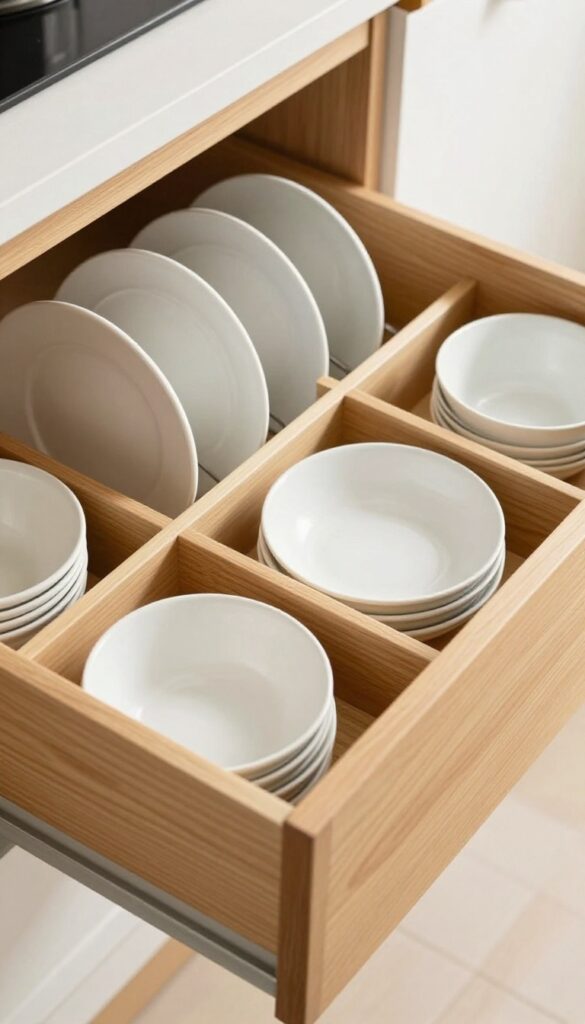 Deep kitchen drawer with adjustable wooden pegs holding white stoneware plates and bowls upright, neatly organized in natural light.