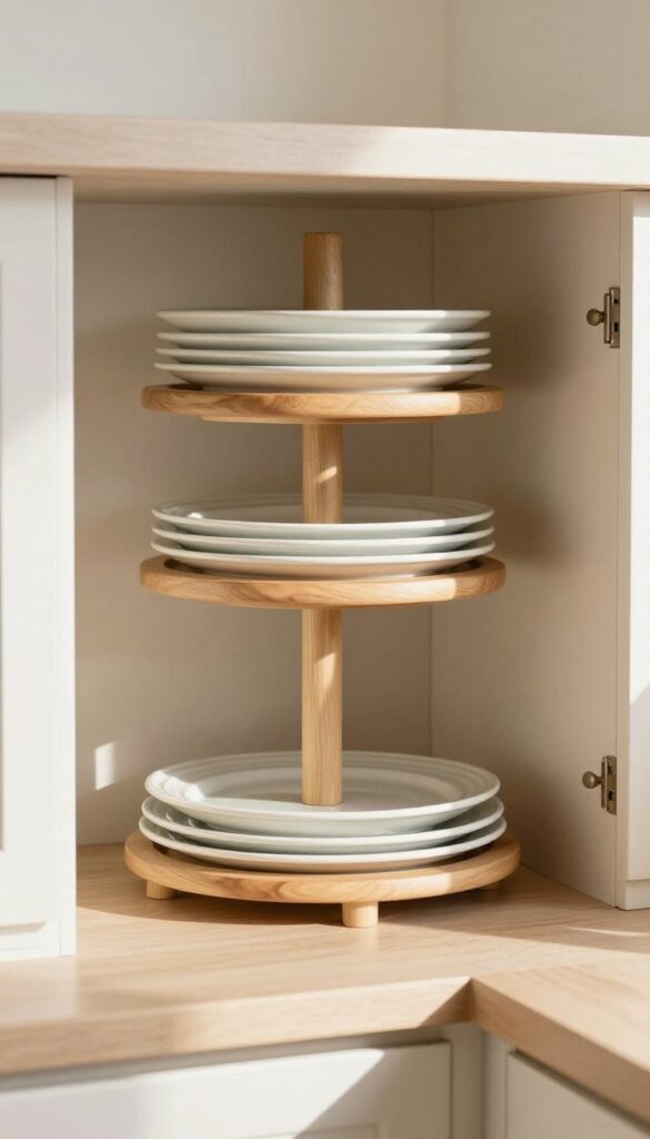Corner cabinet with a wooden lazy Susan holding platters and pie dishes.