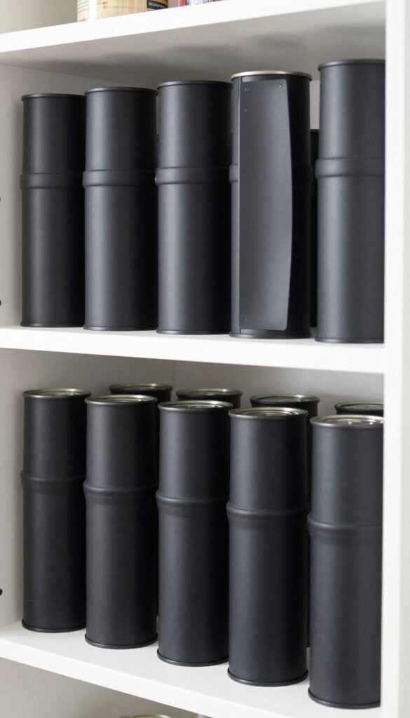 Stack cans in a DIY PVC pipe organizer on a pantry shelf