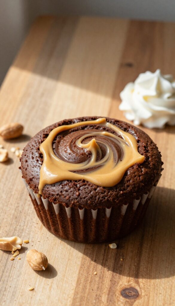 A chocolate peanut butter swirl mug cake in a ceramic mug on a wooden table, with whipped cream and chopped peanuts nearby.
