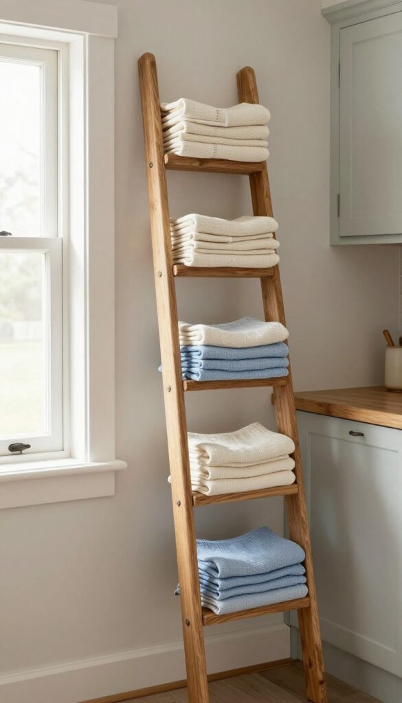 Stacked towels on a wooden ladder in a cozy kitchen corner