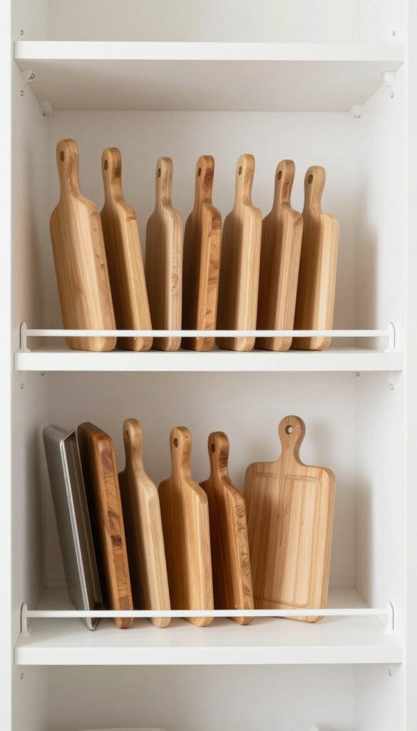 Narrow pantry with white shelves and a tension rod holding cutting boards and baking sheets vertically.