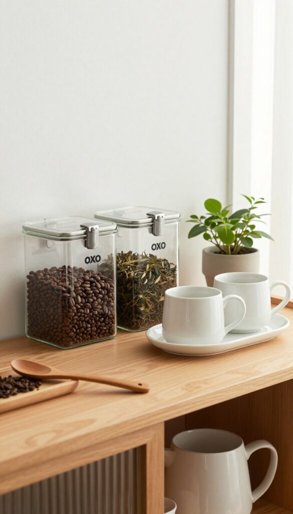 A tidy pantry shelf with a coffee and tea station featuring OXO canisters, a kettle, mugs, and a small plant in natural light.