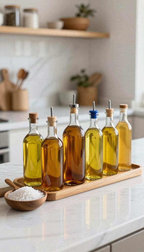 Dark glass bottles of oil and ghee on a wooden tray on a kitchen counter, with a dish of sea salt and a wooden spoon, warm natural light.