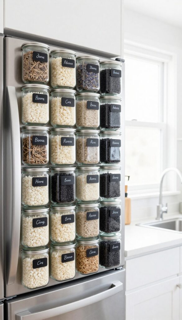 Magnetic glass jars filled with specialty rice attached to the side of a stainless steel fridge, with chalkboard labels and a sprig of lavender, in a bright, clean kitchen.