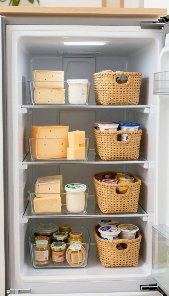 Open refrigerator with organized clear and woven bins holding cheese, yogurt, and condiments.