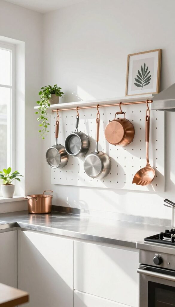 Restaurant kitchen with pegboard wall displaying pots, pans, and utensils, organized and stylish.