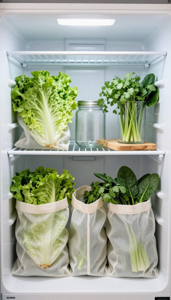 Reusable mesh produce bags with ventilation holes filled with fresh lettuce, spinach, and herbs, arranged neatly on a refrigerator shelf with glass jars and wooden accents.