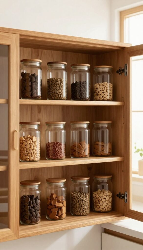 Open cabinet door with wooden door-mounted spice rack holding organized spice jars in warm natural light