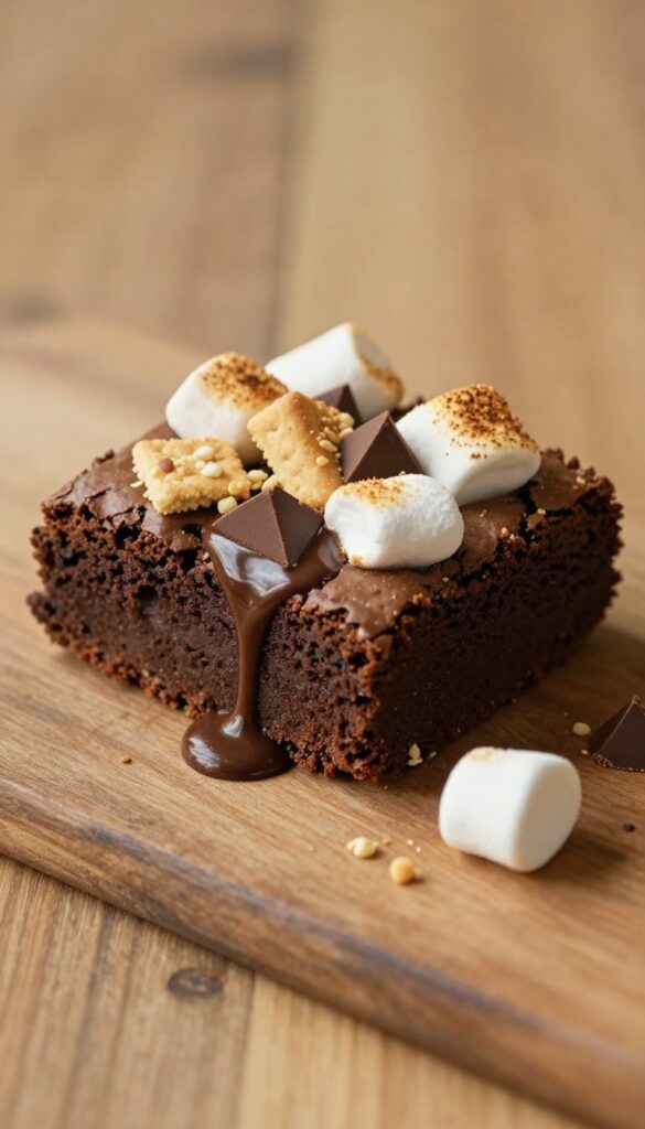 S'mores brownie with toasted marshmallows and graham cracker crumbs on a wooden table.