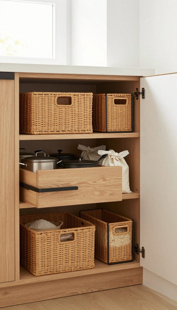 Pull-out drawers in a deep pantry shelf, organized with pots, pans, and bulk food bags, natural wood and woven baskets, bright natural light.