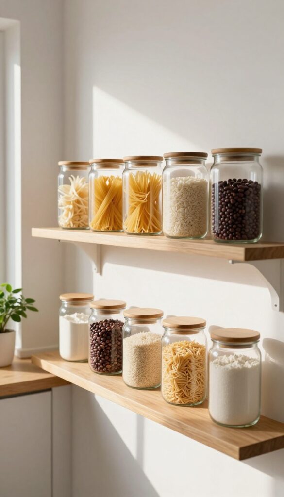 Open kitchen shelf with clear glass jars containing dry goods like pasta and beans, styled with warm wood and natural light