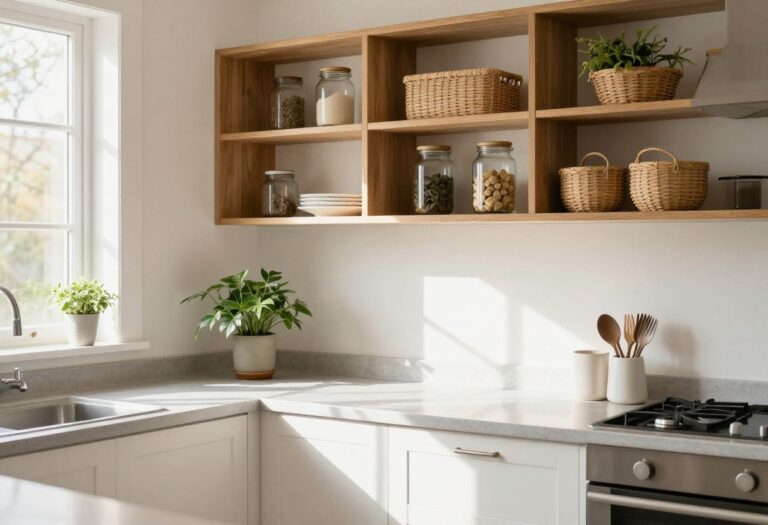 Cozy organized kitchen with open shelving, glass jars, and a plant on the counter