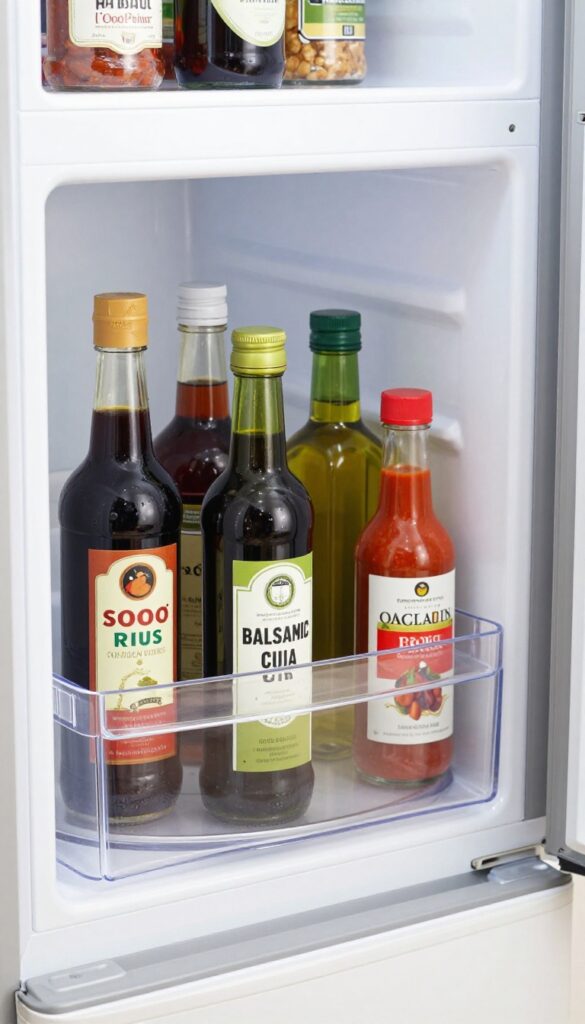 Open refrigerator door with a clear lazy Susan holding organized condiment bottles on a deep door bin.