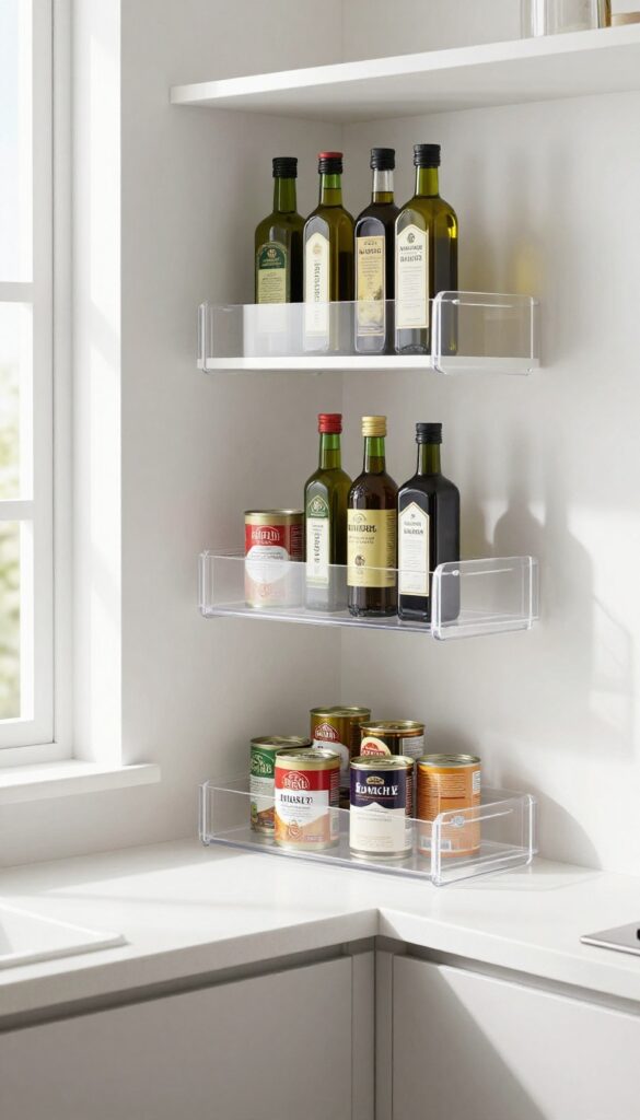 A clear lazy Susan on a deep corner pantry shelf holding oils, vinegars, and canned goods, with labels facing out, in bright natural light.