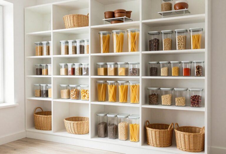 Modern open pantry with clear containers and organized shelves