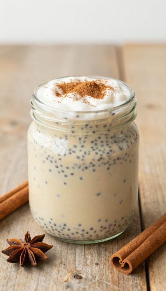 Chai spice vanilla chia pudding in a glass jar with coconut cream and cinnamon garnish on a wooden table.