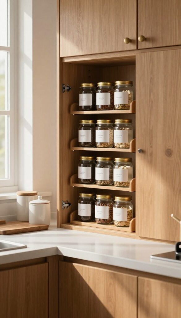 Open cabinet door with tiered spice rack inside, holding labeled spice jars, in a bright cozy kitchen