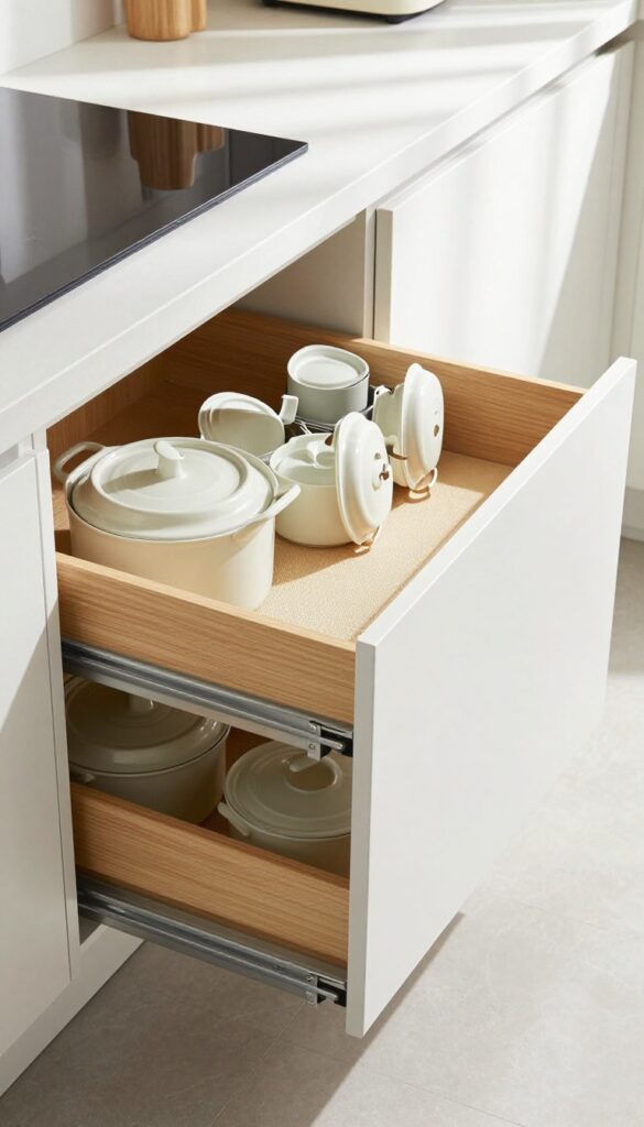 Pull-out drawer with pots and lids organized upright in wood dividers, soft natural light, clean kitchen interior
