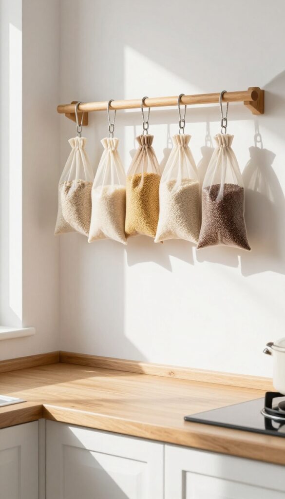 Hanging mesh bags from a rail in a bright kitchen, each holding different grains