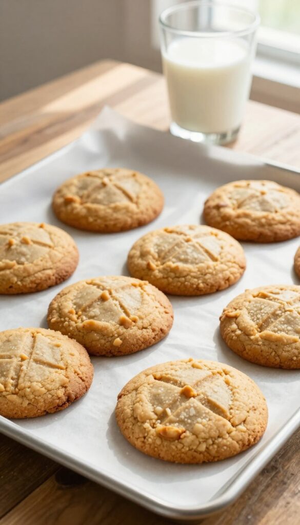 Gluten free peanut butter cookies with crisscross fork marks on a baking sheet, with a glass of milk in the background.