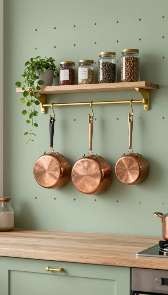 Sage green pegboard wall with hooks for pots and utensils, small wooden shelves with spices and a trailing plant, bright natural light, cozy kitchen