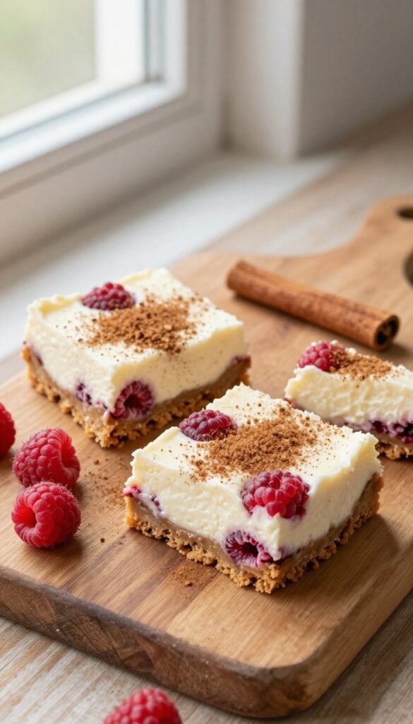 Two slices of spiced raspberry cheesecake bars with cinnamon crust on a wooden board, garnished with raspberries and cinnamon stick.