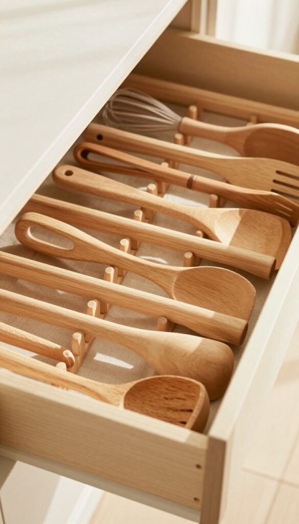 Kitchen drawer with utensils standing vertically using wooden pegs, organized and tidy.
