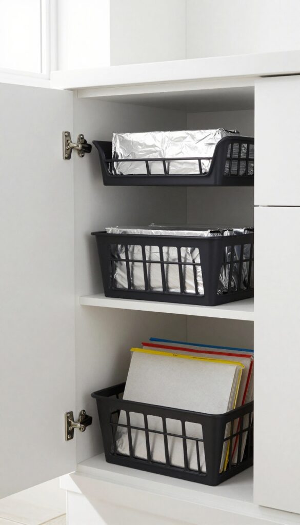 Under-shelf basket on wire shelf holding foil and parchment paper in modern pantry