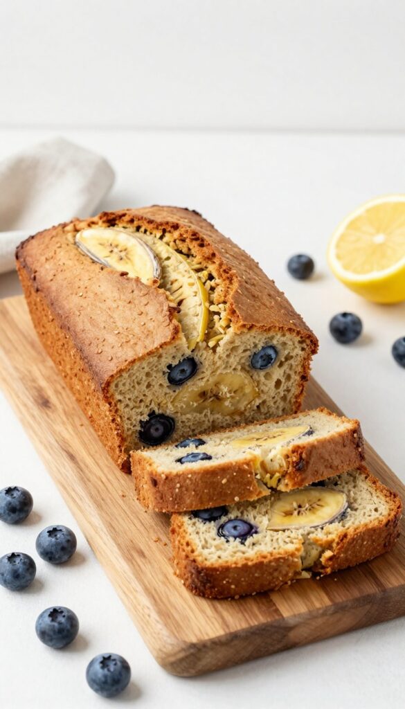 Blueberry lemon gluten free banana bread loaf on wooden board with blueberries and lemon