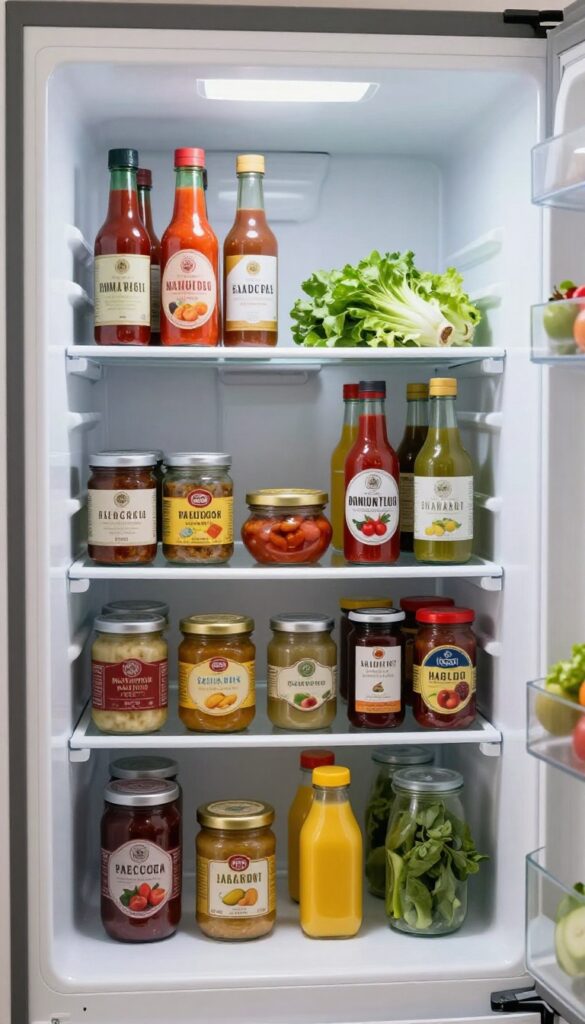 Organized refrigerator door with tiered shelf holding tall bottles in back and small jars in front.