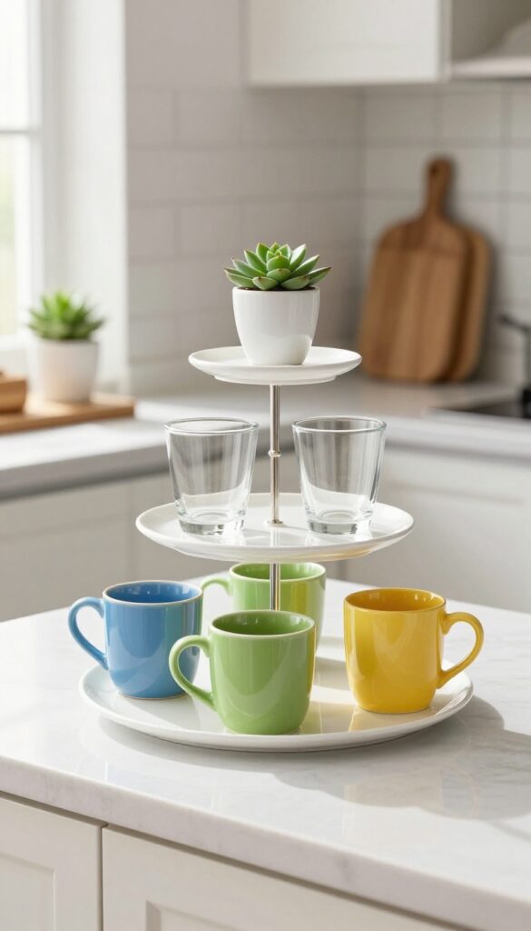 Three-tiered white cake stand on a kitchen counter holding colorful mugs and glasses, with a small succulent beside it, in bright natural light.