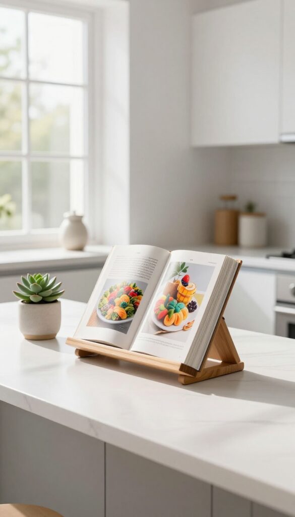 Open cookbook on a wooden stand on a kitchen counter with a small plant and salt cellar nearby.