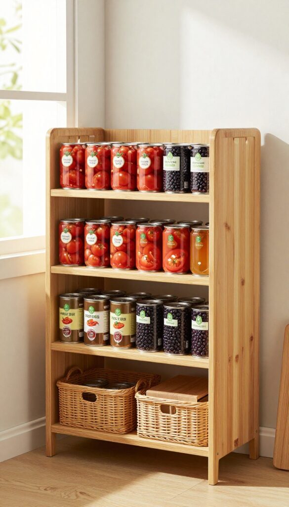 Tiered bamboo can rack on a pantry shelf with neatly organized canned goods, labels visible, adjacent woven baskets and cutting board.