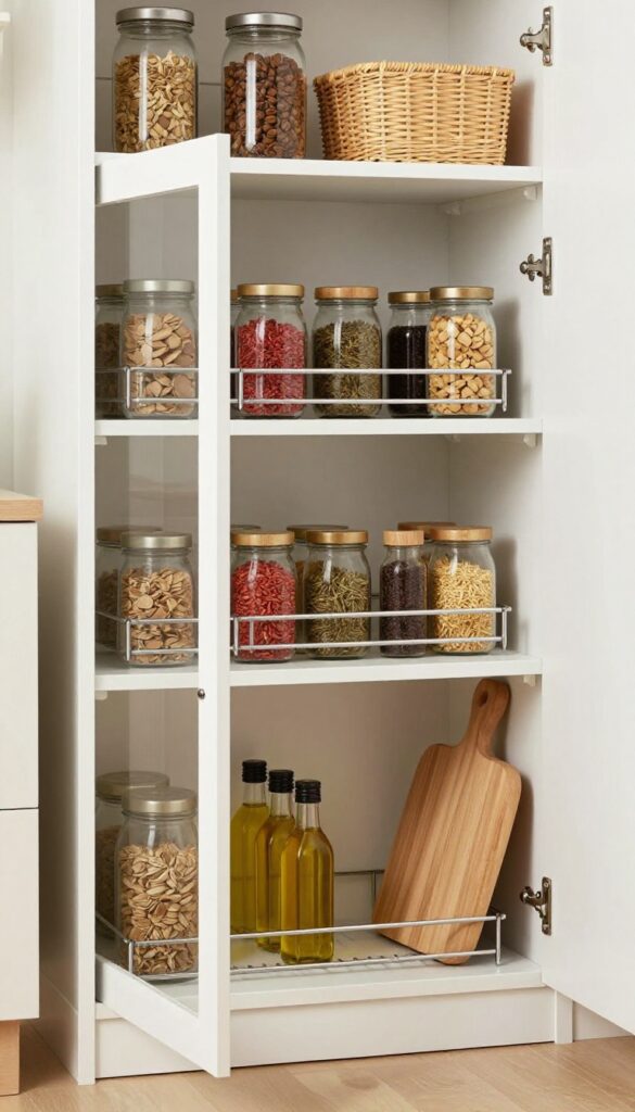 Small walk-in pantry with door-mounted racks holding spices, oils, and cutting boards, organized and bright.