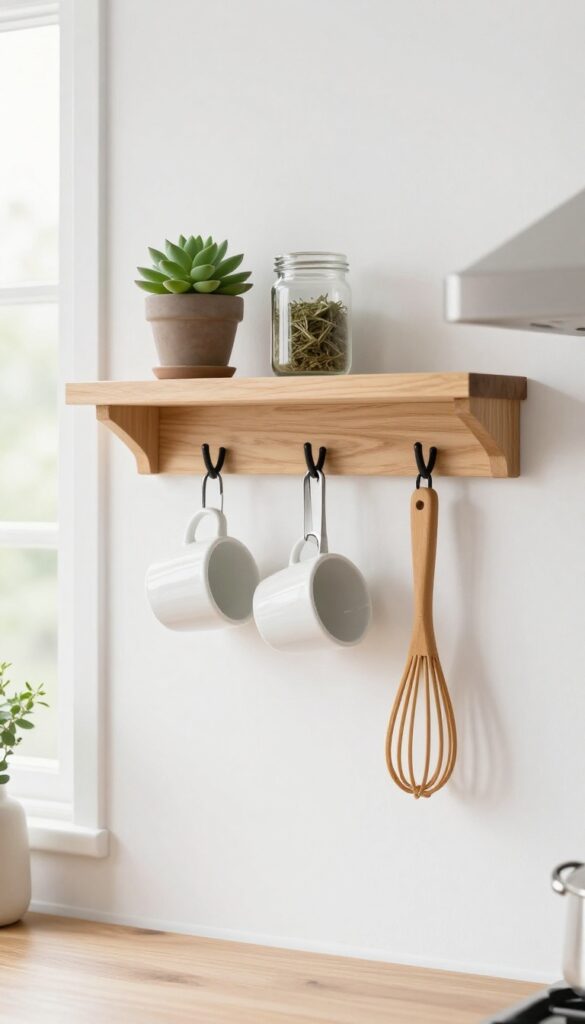 Floating shelf with integrated hooks in a bright kitchen, holding a succulent and jar on top, with mug, spoon, and whisk hanging below.
