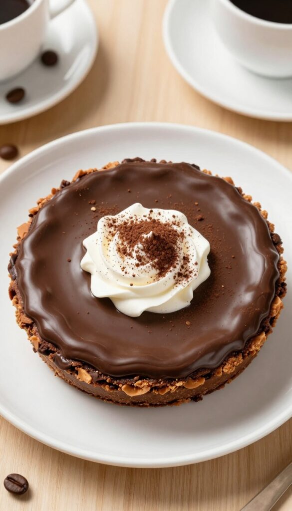 Slice of mocha chocolate cream pie with whipped cream and cocoa powder on a plate with coffee cup and espresso beans