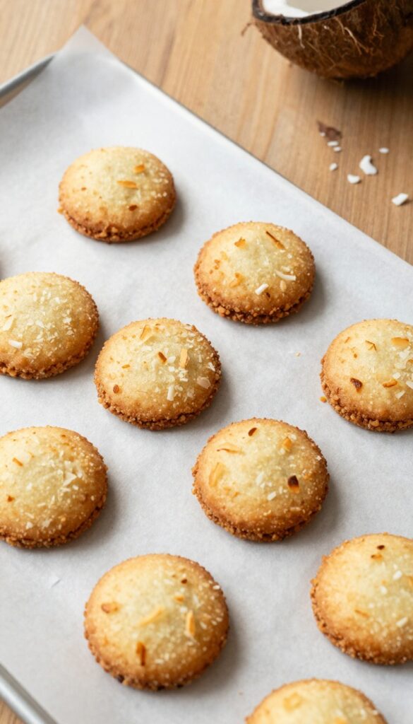 Golden-brown keto coconut macaroons on a baking sheet in natural light.
