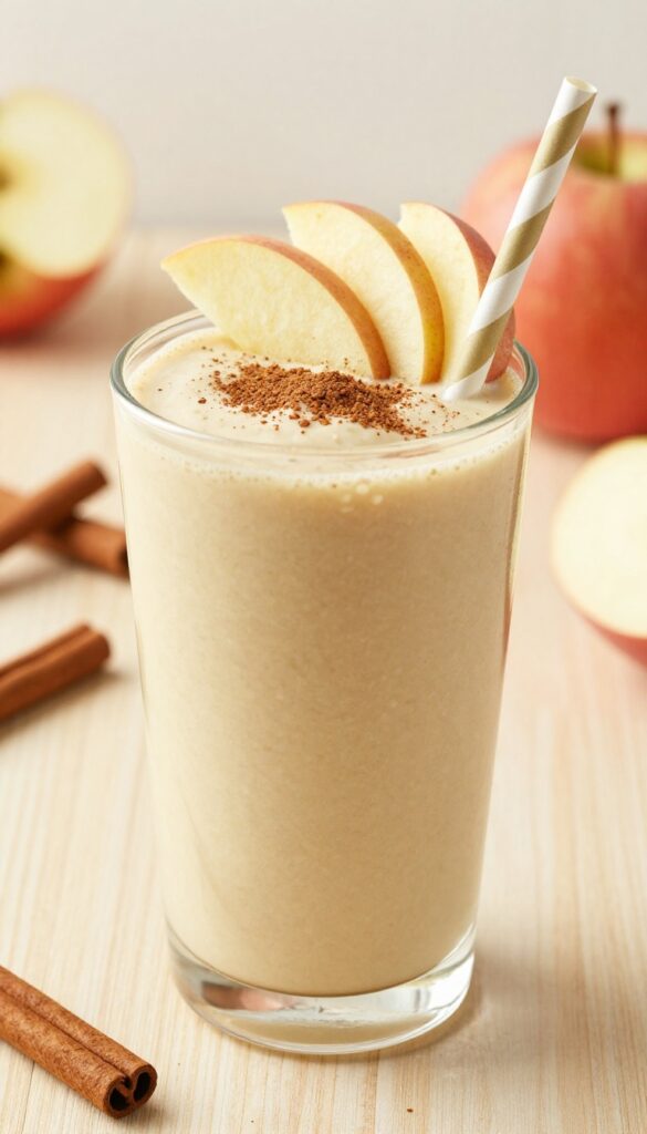 Apple cinnamon oats smoothie in a glass with cinnamon and apple slices
