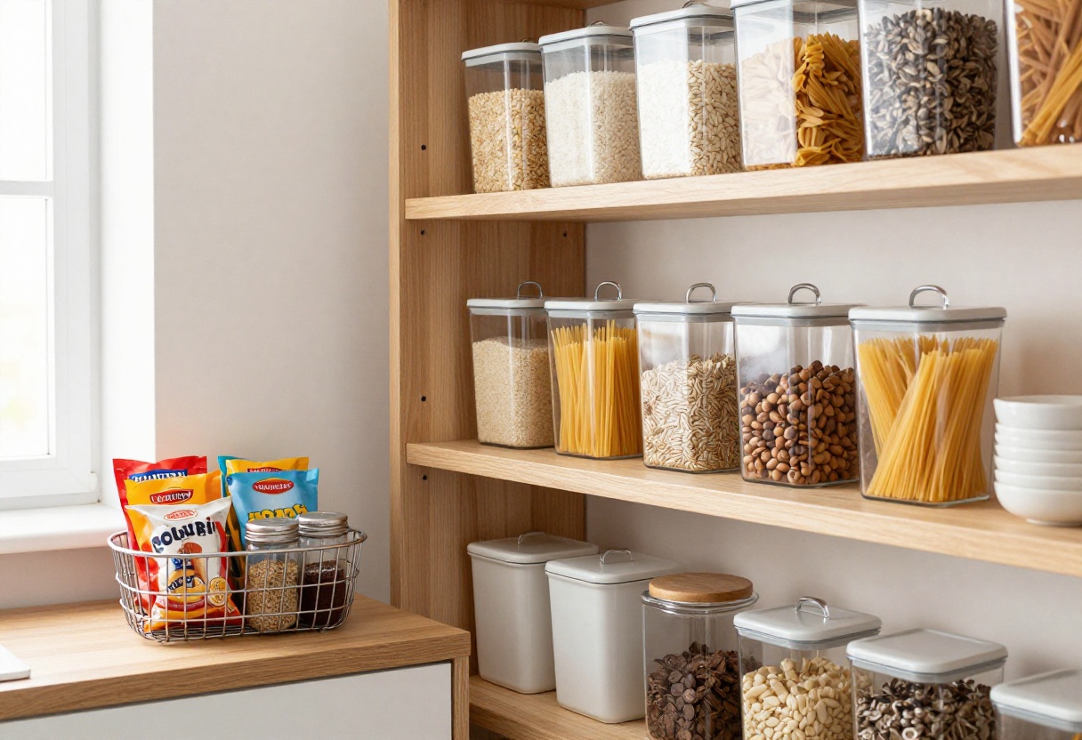 Organized pantry with clear square canisters, wire baskets, and a lazy Susan on wooden shelves