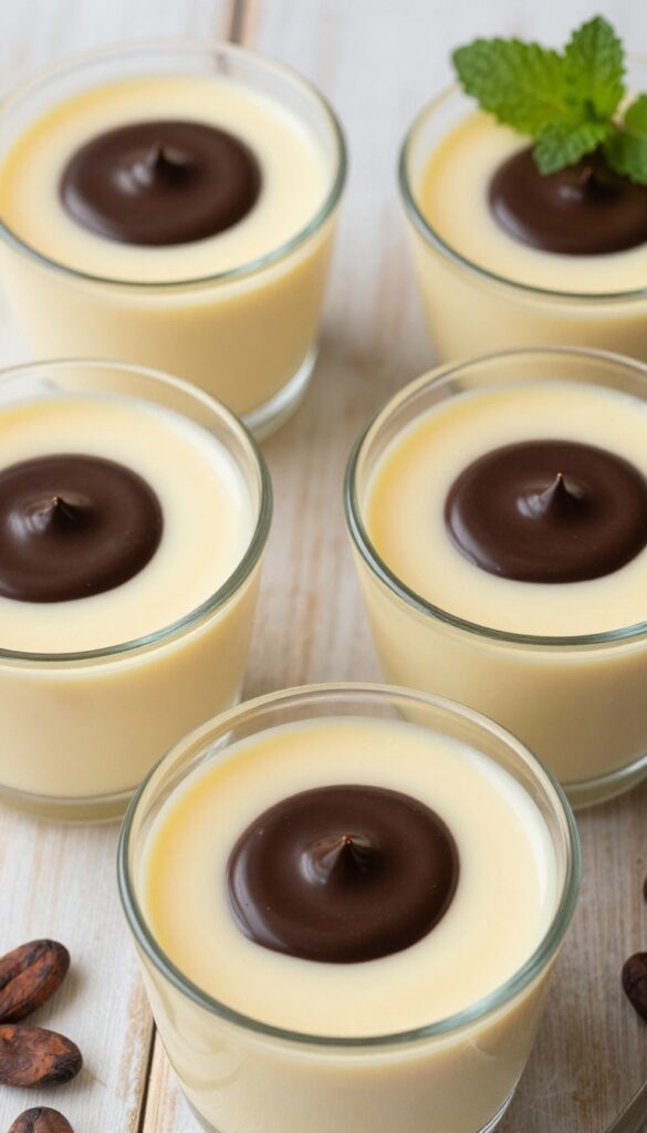 Four ramekins of vanilla custard with chocolate drizzle on a wooden table