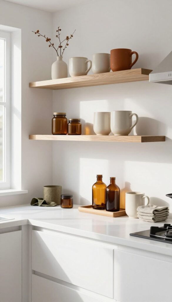 A kitchen shelf styled for fall with warm ceramic mugs, amber glass, and olive linens on white open shelving.