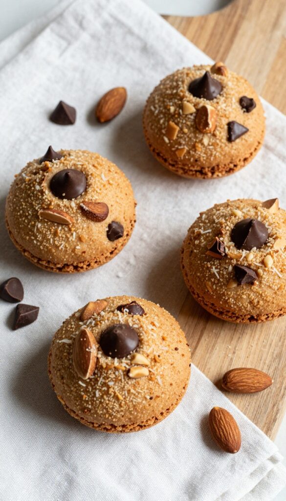 Almond Joy Inspired Macaroons with toasted coconut, almonds, and dark chocolate on a wooden board.