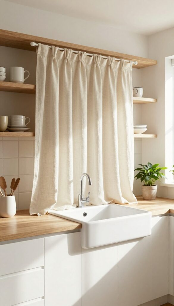 Soft linen curtain hiding open shelving in a bright kitchen