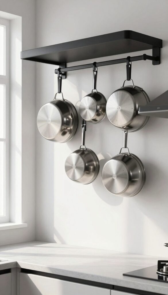 Modern kitchen with a matte black hanging pot rack displaying stainless steel and enameled cookware in a clean, organized arrangement.