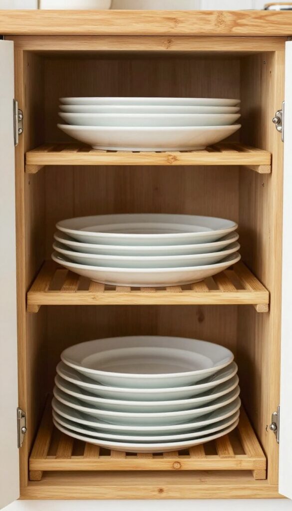 Inside a kitchen cabinet with a bamboo tiered shelf riser organizing white plates on two levels, natural light, clean and clutter-free.