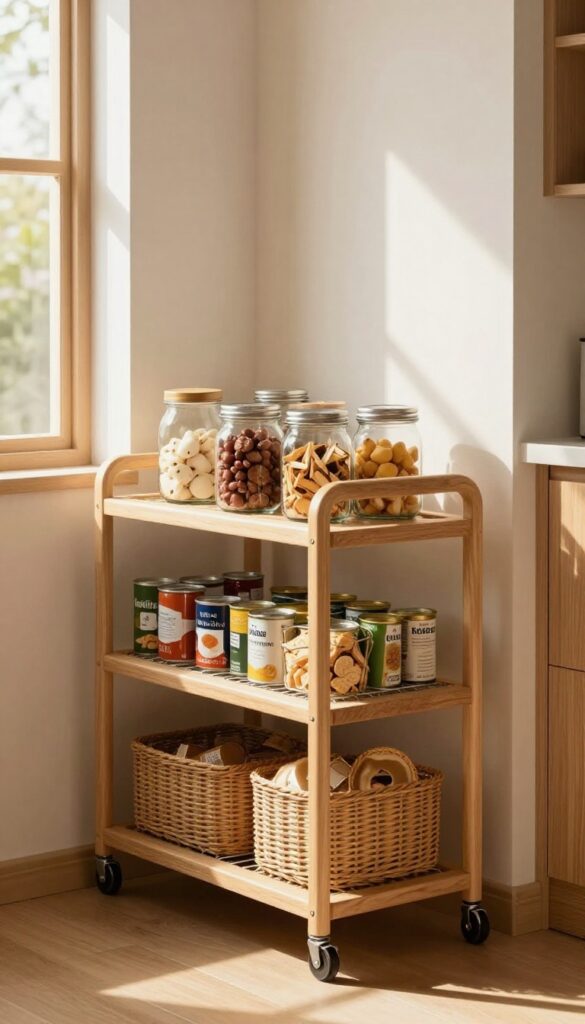 A slim rolling cart with wire shelves in a pantry, filled with organized jars and baskets, illuminated by natural light.